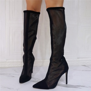 Botas de tacón de aguja altas hasta la rodilla para mujer, con parte superior de malla, tallas grandes, ajuste amplio para pantorrilla, botines de verano, tacones altos - Product Image 2
