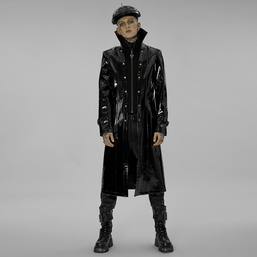 Punk Rave WY-1447DQ original design autumn winter fashion trending windproof warm black cool goth patent leather long coat