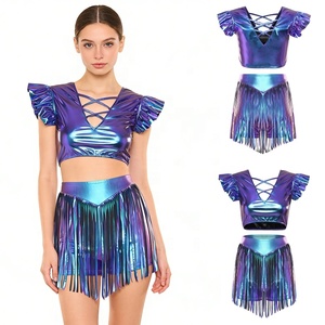 Robe de compétition de danse de salon personnalisée pour femmes, tenue de danse métallique, haut court à manches volantées et short pour la danse jazz - Product Image 5