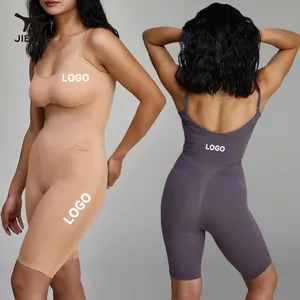 JIEJIN Body para mulheres com controle de barriga sexy até o joelho sem mangas Body para body