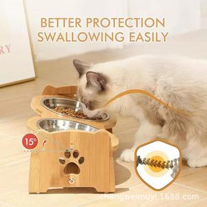 Solid Wood Pet <b>Feeder</b> Double Bowl Elevated <b>Cat</b> Dog Bowl Rack For Feeding - Product Image 4