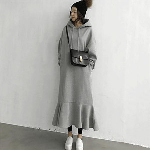 Coreano di Inverno del Panno Morbido di Colore Solido Increspato Lunga Felpata Delle Donne Casuali di Grandi Dimensioni A Maniche Lunghe Con Cappuccio Maxi Felpe Abiti - Product Image 4