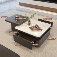 Nouvelle Arrivée 2026 – Table Basse Carrée Moderne Minimaliste avec Plateau en Pierre et Cadre Noir, Rangement Intégré pour Petits Salons