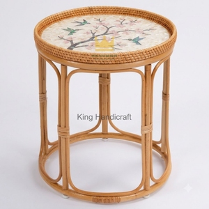 Modern Minimalist Rattan <b>Bedside</b> Coffee <b>Table</b> Set Handcrafted Mother of Pearl MOP Inlay <b>Round</b> Accent End <b>Table</b> - Product Image 3