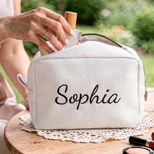 Bridesmaid Gifts Foldable Custom Embroidered Waffle Toiletry Pouch Cosmetic Travel Organizer for Bridal Party - Product Image 2