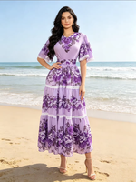 Ventes en gros de robes mi-longues plissées à manches courtes à imprimé floral col en V, robes décontractées élégantes Miyaki, robes pour femmes grandes tailles