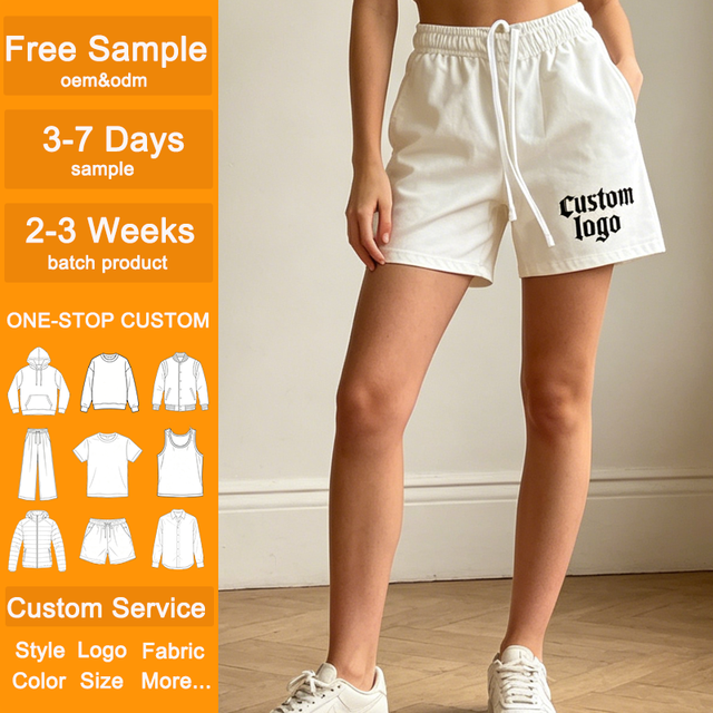 OEM Ladies White Cotton Casual Shorts Custom Gothic Logo Elastic Waist Drawstring Side Pocket Summer Sports Shorts