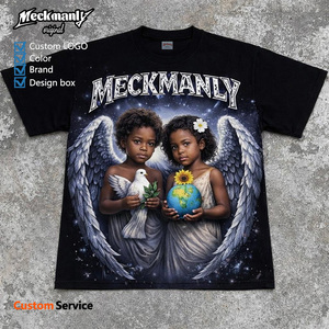 T-shirt noir pour homme Meckmanly, manches courtes, col rond, 100% coton tricoté, imprimé ange, écologique, respirant, 300g, coupe classique - Product Image 1