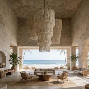 Pantalla <span class=keywords><strong>de</strong></span> Lámpara <span class=keywords><strong>de</strong></span> Macramé Artesanal Tejida a Mano con Borlas en Capas para Espacios <span class=keywords><strong>de</strong></span> Hostelería Costera y Restaurantes junto al Mar - Product Image 2