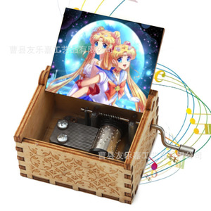7 diseños regalo Popular melodí<span class=keywords><strong>a</strong></span> manivela de mano grabado con láser manivela de mano 6CM tamaño Mini Sailor Moon caja de música de madera juguete para niños - Product Image 4
