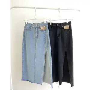 Nieuwe Dames Lange Denim Rok Vintage Hoge Taille Jeans Rok Vrouwelijke Rechte Zijde Split A-Lijn Kokerrokken