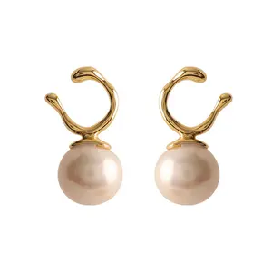 Etelleza Stainless steel Luxury Jewelry 925 Silver Needle 18K Gold Bold Freshwater Pearl Brass Drop Button Pearl Earrings Women