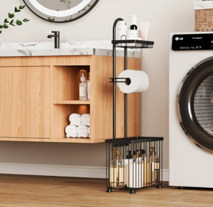 Porte-rouleau de papier toilette moderne en fer noir avec étagères de rangement pour magazines et support pour tablette, idéal pour les hôtels - Product Image 1