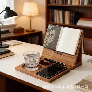 Wooden <b>Foldable</b> Reading Stand Solid Wood With Cup And Phone Holder <b>Desk</b> Organizer For Books And Office Use - Product Image 2