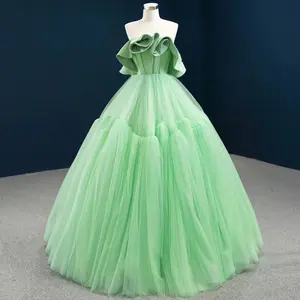 Women Lovely Party Dress With Green Lace Tiered Ball Gown Strapless Evening Dress