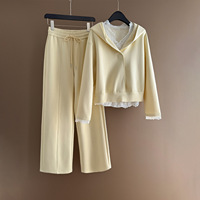 Kadınlar İçin Lüks Moda 3 Parçalı Set Yeni İlkbahar Sonbahar Kapüşonlu Crop Sweatshirt Dantel Yelek Bol Paça Pantolon Takımı