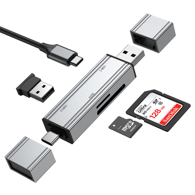 2607 2-in-1 USB-C & USB SD/TF Card Reader Adapter - Dual Port Memory Card Converter