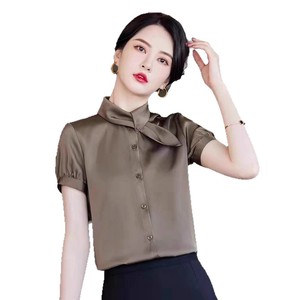 Women's Bow Tie Short Sleeve Blouse Solid Color Satin Work Shirt Professional Elegant Office Wear - Product Image 5