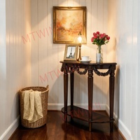 Table console étroite vintage en noyer sculpté à motifs floraux, 2 niveaux, demi-lune, 31,5 pouces, pour entrée, salon, ou derrière le canapé