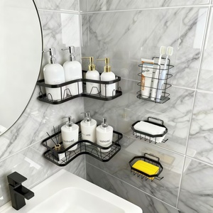 Nouvelle conception de panier de douche d'angle de salle de bain en métal sans perçage, 5 en 1, étagère de salle de bain adhésive, organisateur de rangement avec crochets - Product Image 1