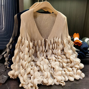 Blusa tipo cárdigan corta plisada con diseño de burbujas, versátil y con lazo, nueva colección de otoño para mujer, a la moda. - Product Image 1