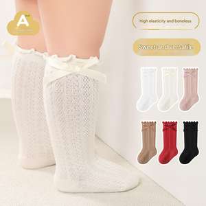 Chaussettes pour bébé, chaussettes mi-mollet avec nœud et bordure en dentelle, non irritantes pour les jambes, look uniforme scolaire, couleur unie, chaussettes de princesse douces - Product Image 2