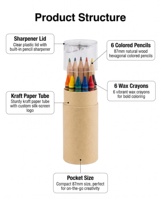 Mini kit artistique en tube kraft, 6 crayons de couleur, 6 crayons de cire, taille-crayon transparent, couvercle en bois naturel, hexagonal/rond, logo personnalisé, sérigraphie, pour enfants