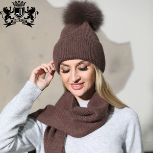 Janefur 2026 Nouveauté : <span class=keywords><strong>Ensemble</strong></span> <span class=keywords><strong>bonnet</strong></span> et écharpe en angora avec <span class=keywords><strong>pompon</strong></span> en fourrure, couleur assortie, pour <span class=keywords><strong>femme</strong></span> - Product Image 2