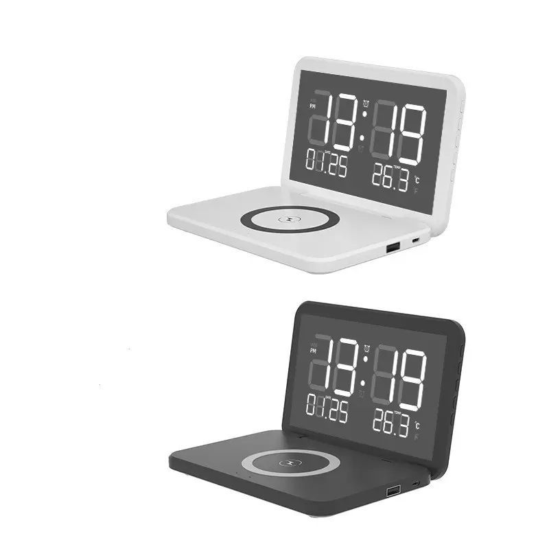 Relógio despertador dobrável sem fio, carregador eletrônico de mesa sem fio com calendário