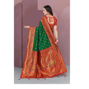 Sari de Seda Paithani Meenakari Verde Original con Bordado Zari, Elegante Vestido de Noche - Product Image 6