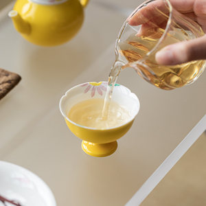 Guanlan Porcelain <b>Tea</b> Cup Imperial Yellow Sunflower Design High Footed Single Cup For Kung Fu <b>Tea</b> <b>Set</b> - Product Image 2