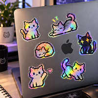 Autocollants holographiques personnalisés pour chats, mignons, dessins animés, laser, arc-en-ciel, vinyle, imperméables, découpés, adhésifs, résistants aux UV