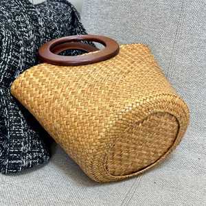 Fashion Women Ladies Traveling Handbag Beach Straw <b>Basket</b> Bag with Round Wood Handle - Product Image 2