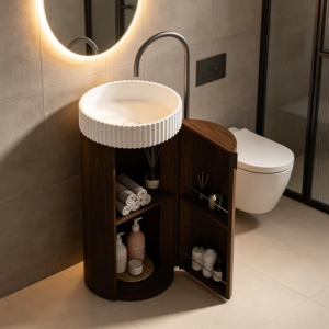 Mueble de Baño <span class=keywords><strong>con</strong></span> Lavabo de Cerámica y <span class=keywords><strong>Pedestal</strong></span> de Almacenamiento, Estilo Nórdico, <span class=keywords><strong>con</strong></span> Acabado en Madera de Nogal - Product Image 2