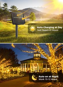 Guirlandes solaires d'extérieur étanches, 8 modes, IP65, lumières de Noël alimentées par l'énergie solaire, blanc chaud, pour la décoration d'arbres, de fêtes et de jardins - Product Image 4