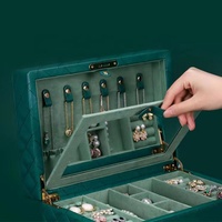 Organizador de joyas con cajón de 2 capas, joyero de cuero PU para mujer con espejo interior
