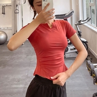 Kaus Olahraga Lengan Pendek Kerah V Nilon Tipis Musim Panas Pakaian Yoga Pelangsing Ketat Wanita Atasan Fitness Bernapas
