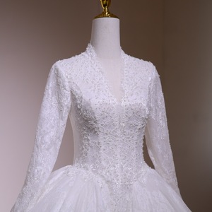 Vestido de Novia Musulmán Modesto de Manga Larga con Encaje y Flores, Cola de Capilla, Talla Grande Personalizada, <span class=keywords><strong>para</strong></span> Madre de la Novia - Product Image 4