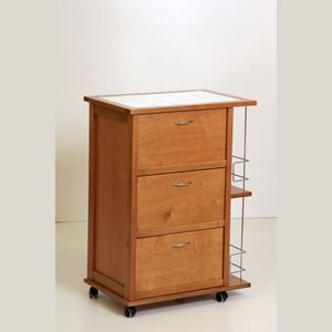 Armoire moderne en bois massif de hêtre avec dessus en carrelage, porte-bouteilles en fer, roulettes en plastique - Pour des maisons bien organisées - Product Image 1