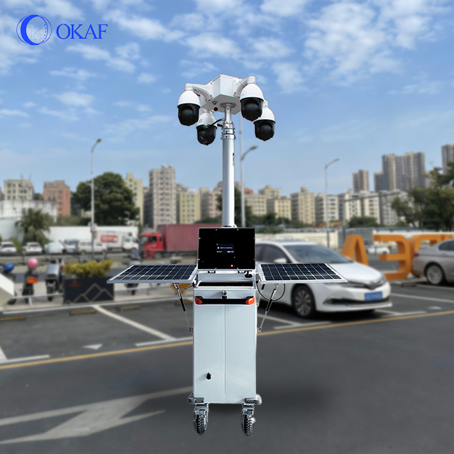 OKAF AI 4G Network Power Mobile Solar Surveillance CCTV Trailer Tool-Free Surveillance Security Towers for Public Security