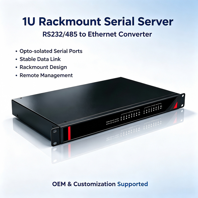 1U Rackmount 8-Port Serial Device Server, RS232/485 to Ethernet, 2.5KV Isolation, Virtual COM & TCP/UDP, 12-48V, for IIoT