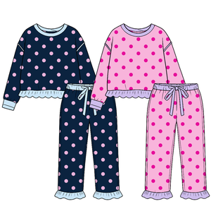 Pre-ordenar Conjunto de 2 Piezas para Niñas: Sudadera con Volantes y Leggings de Algodón y Spandex Transpirable - Estilo Boutique con Puntos Lindos - Product Image 1