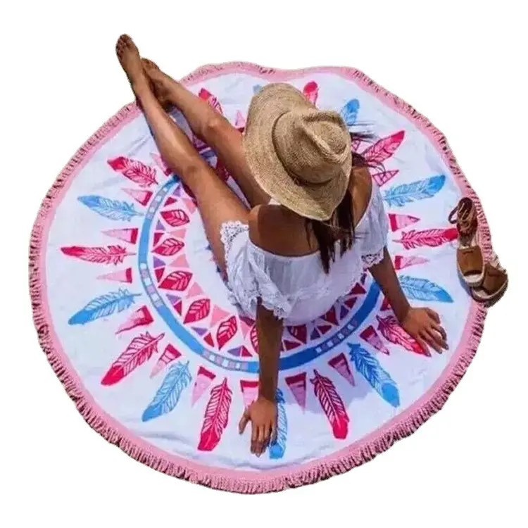 Vente en gros de serviettes de plage rondes en coton éponge avec pompon mandala avec logo personnalisé