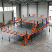 Plateforme de mezzanine d'entrepôt en structure acier, plateforme de stockage à deux niveaux, rayonnage de mezzanine avec escalier et garde-corps de sécurité