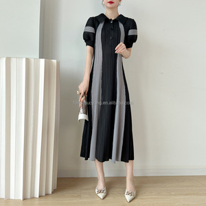 Vestido de columpio a rayas de empalme de gama alta de alta calidad, vestido plisado Miyake de manga <span class=keywords><strong>FAROL</strong></span> DE Color contrastante para mujer - Product Image 1