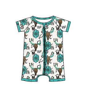 Pre-ordenar: Pelele de moda personalizado para bebés y niños pequeños, con estampado de vacas estilo <span class=keywords><strong>vaquero</strong></span> del oeste, de manga corta, elástico, con cremallera, tipo pijama corto. - Product Image 3