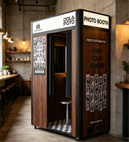 Cabine photo en bois vintage, style borne d'arcade fermée, avec boîte à lumière, pour mariages et événements.