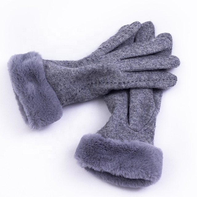 Hot Sell Winter Fashion Woolen Fabric Fur Cuff Gloves for Women Ladies Warm Lined Touchscreen Gloves