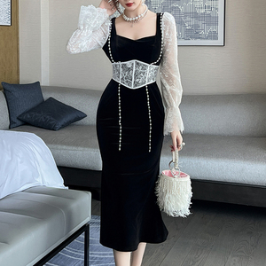 white christmas dresses Velvet and Lace Midi Dress with A Side Slit 36 (FR) / Black/White main image 1