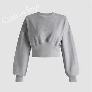 Wholesale Classic Women's Pullover Cotton Fleece Casual Corded Crew Sweatshirt Custom Crop Top Sweatshirt with Logo Short Winter